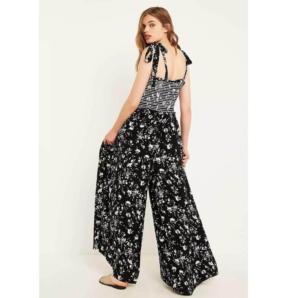 Free People M Black Floral Color My World Wide Leg Jumpsuit Anthropologie Boho